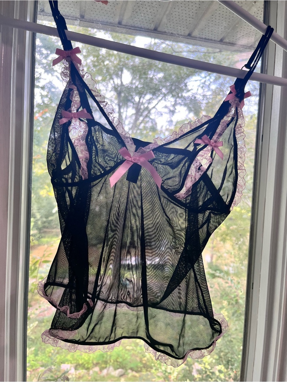 Sheer Black Babydoll Chemise with Pink Trim - vintage Victoria’s Secret